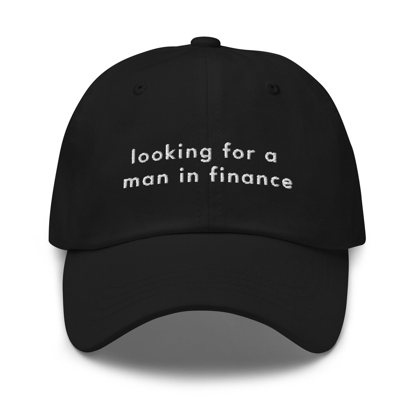 man-in-finance-classic-dad-cap in Classic dad cap with embroidered witty quote – Stay Witty classic baseball hat with adjustable strap and curved brim.