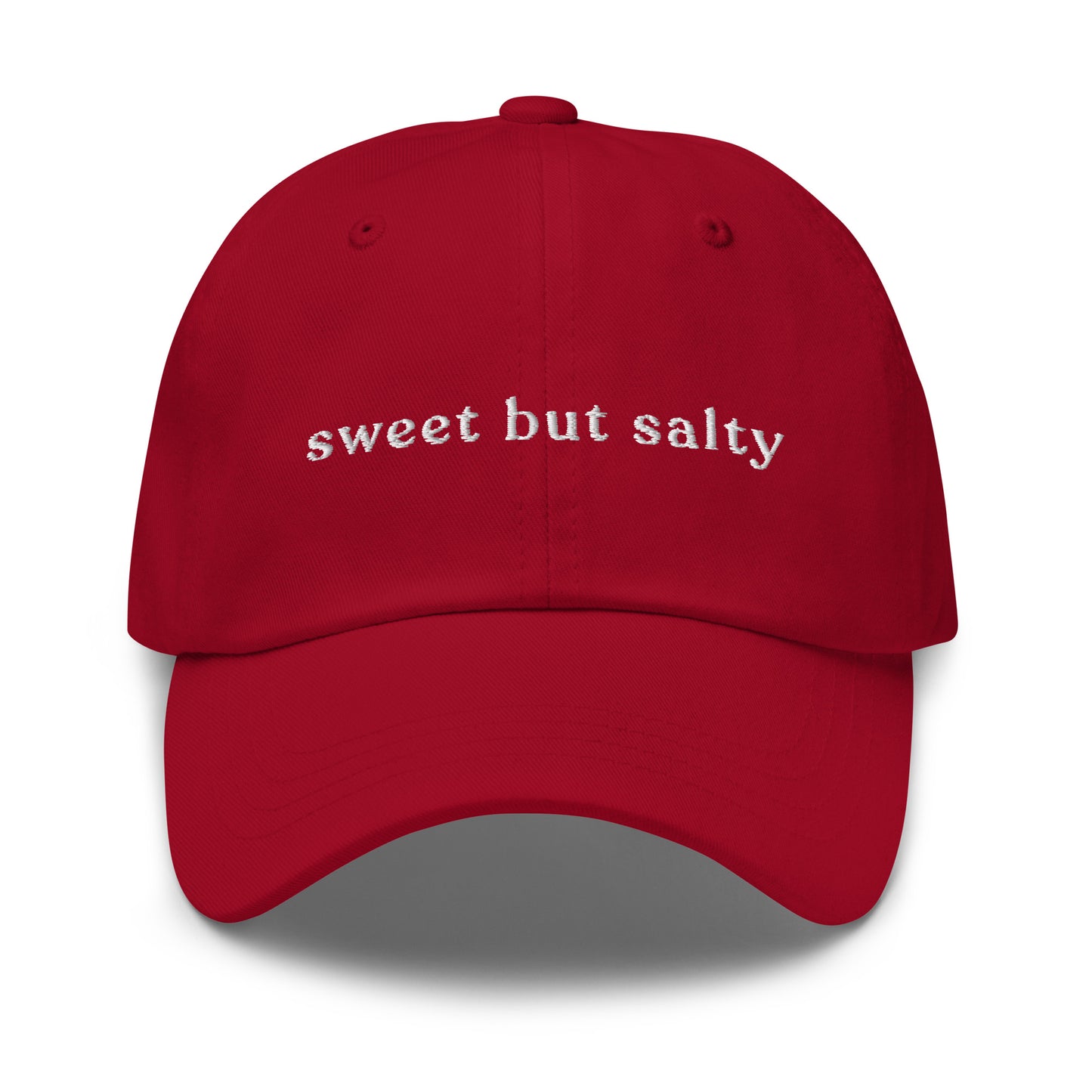 sweet-salty-classic-dad-cap in Cranberry Classic dad cap with embroidered witty quote – Stay Witty classic baseball hat with adjustable strap and curved brim.