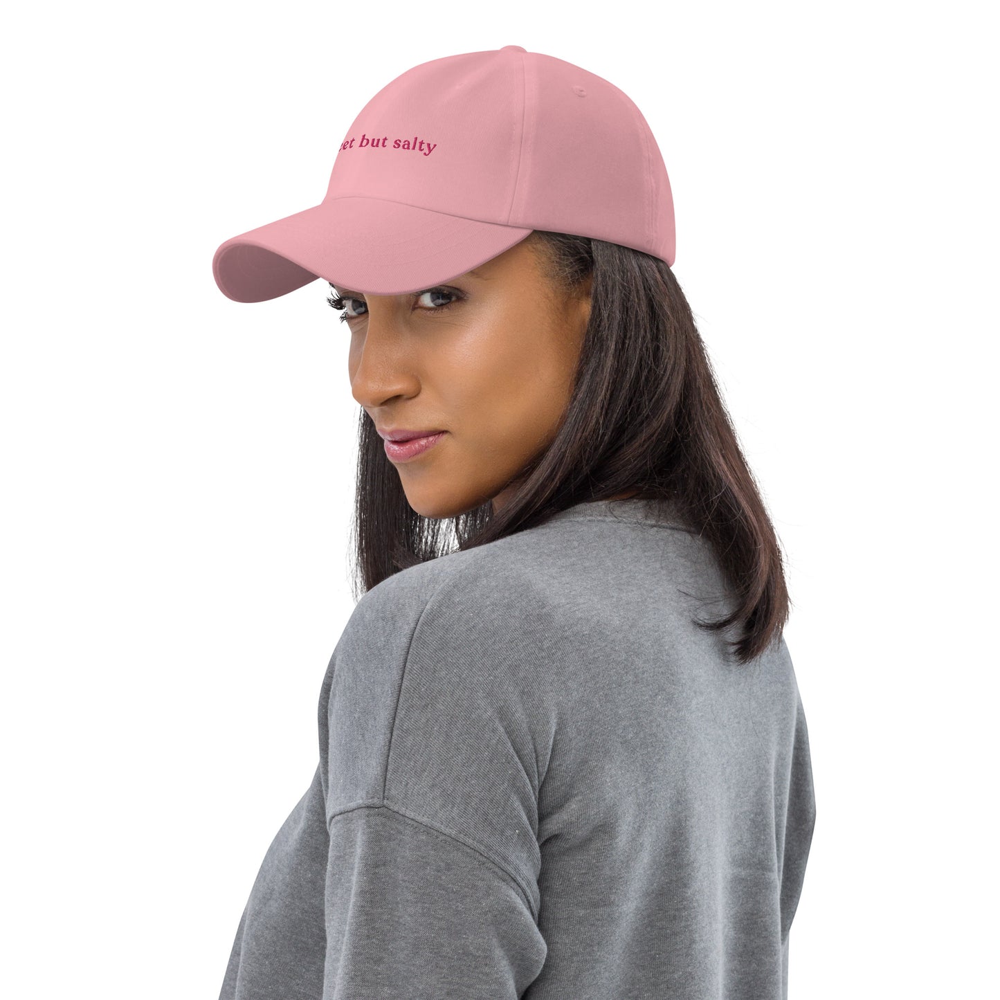 sweet-salty-classic-dad-cap in White Classic dad cap with embroidered witty quote – Stay Witty classic baseball hat with adjustable strap and curved brim.