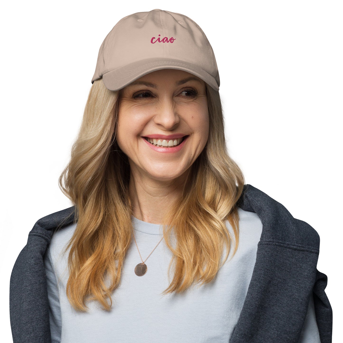 ciao-classic-dad-cap in Stone Classic dad cap with embroidered witty quote – Stay Witty classic baseball hat with adjustable strap and curved brim.