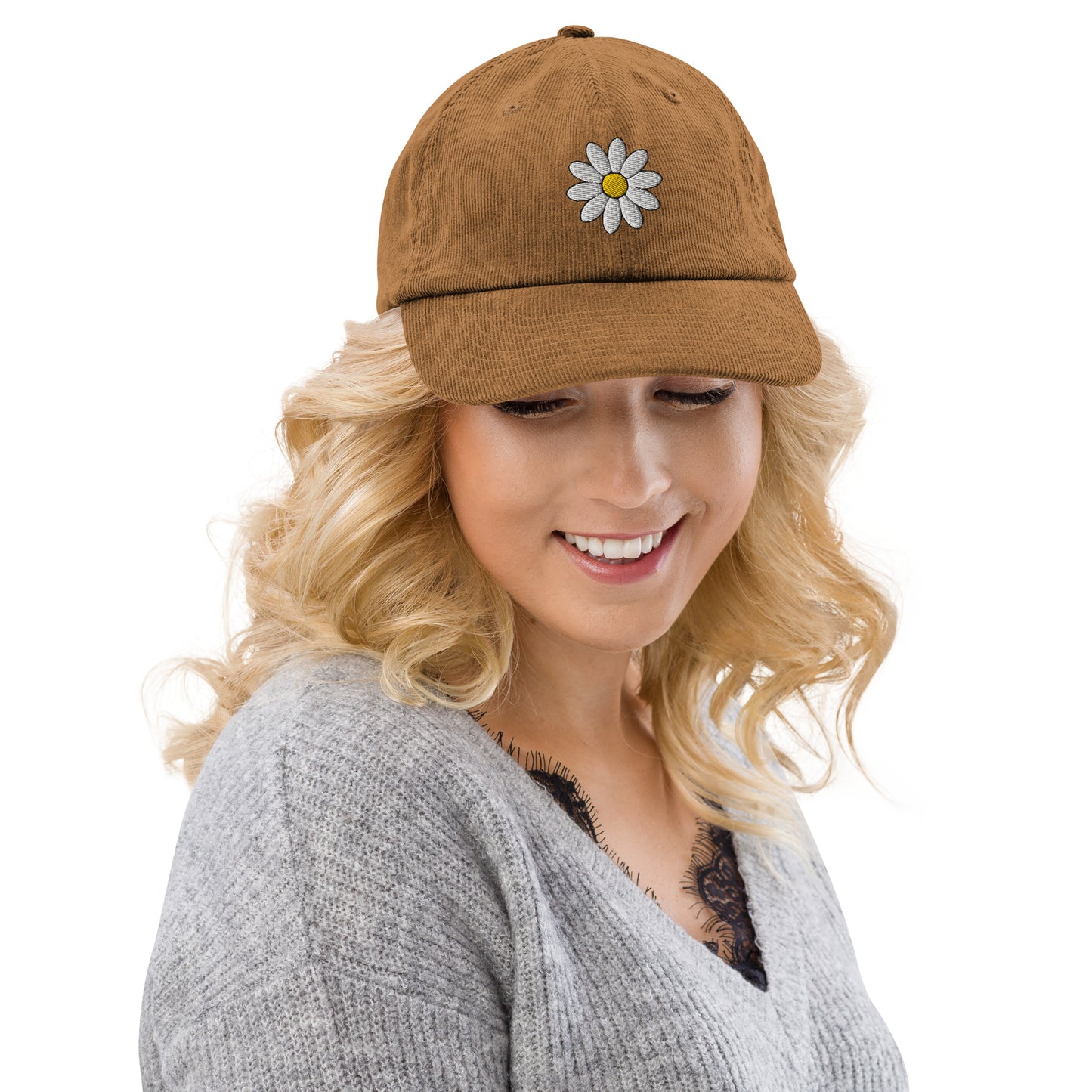 daisy-corduroy-hat in Classic dad cap with embroidered witty quote – Stay Witty classic baseball hat with adjustable strap and curved brim.