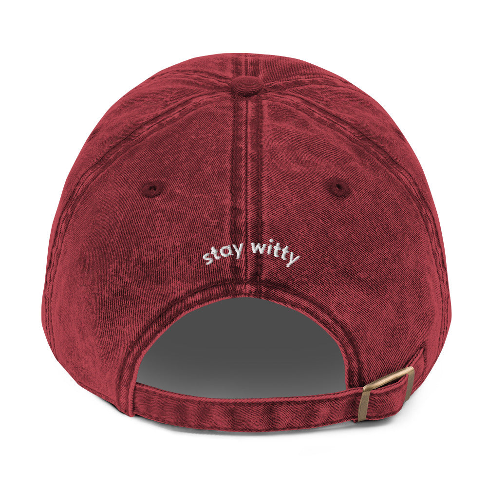 stay-witty-vintage-dad-cap-1 in Classic dad cap with embroidered witty quote – Stay Witty classic baseball hat with adjustable strap and curved brim.