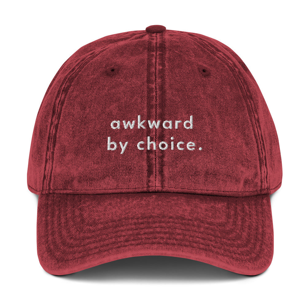 awkward-by-choice-vintage-dad-cap-1 in Classic dad cap with embroidered witty quote – Stay Witty classic baseball hat with adjustable strap and curved brim.
