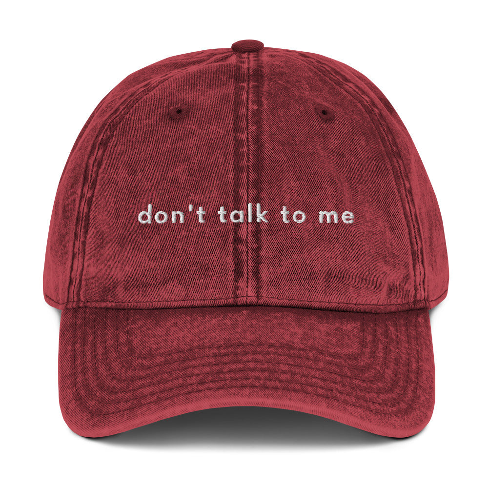 dont-talk-to-me-vintage-dad-cap-1 in Classic dad cap with embroidered witty quote – Stay Witty classic baseball hat with adjustable strap and curved brim.