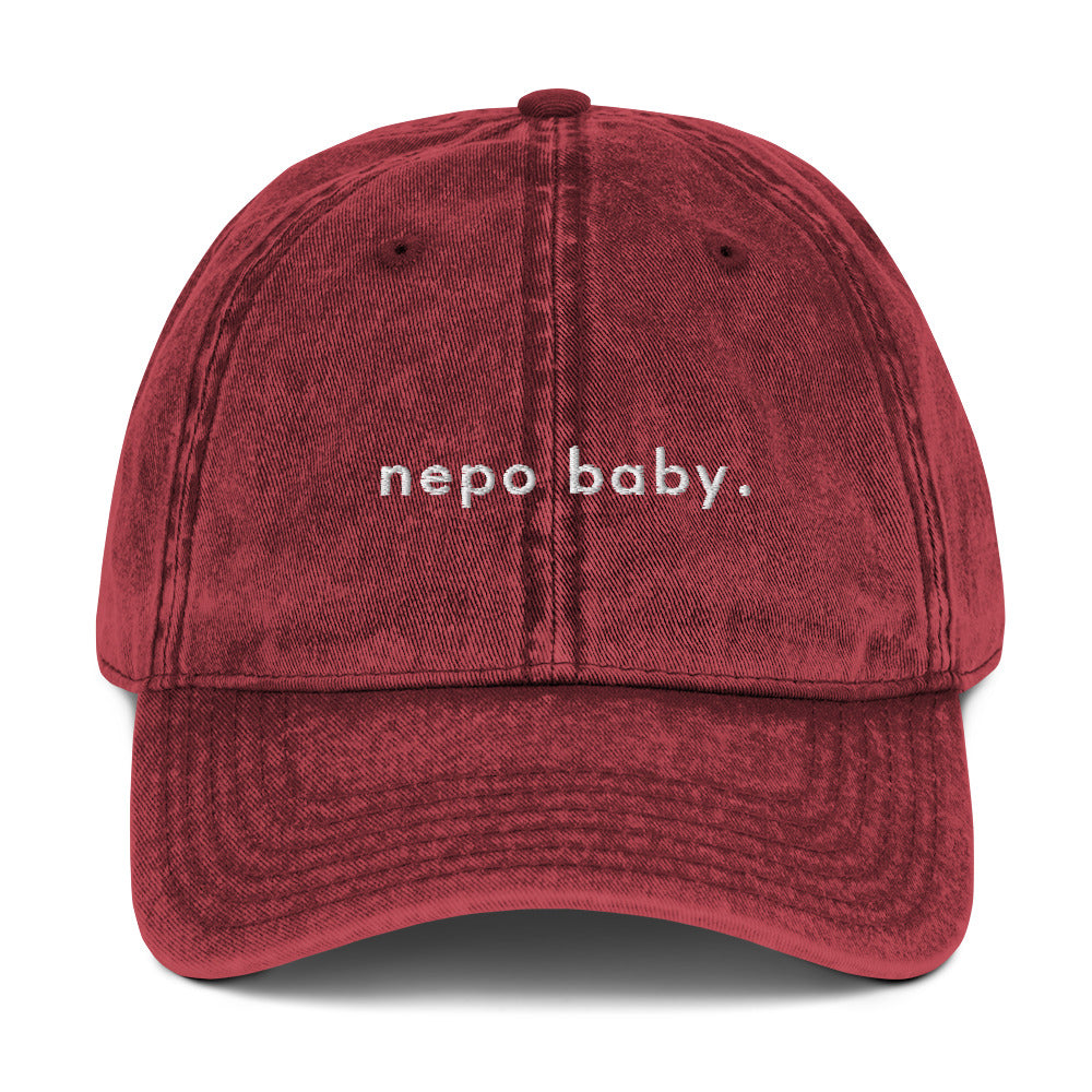 nepo-baby-vintage-dad-cap-1 in Classic dad cap with embroidered witty quote – Stay Witty classic baseball hat with adjustable strap and curved brim.