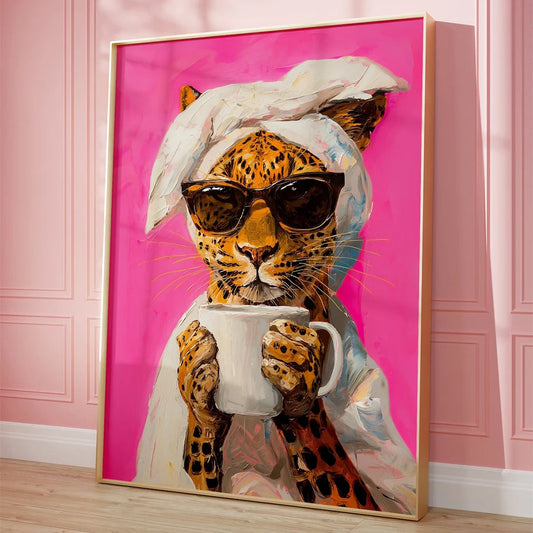 Pink Leopard Drinking Coffee Print Canvas Wall Art – Colorful Print for Bold Home Vibes | Modern Poster