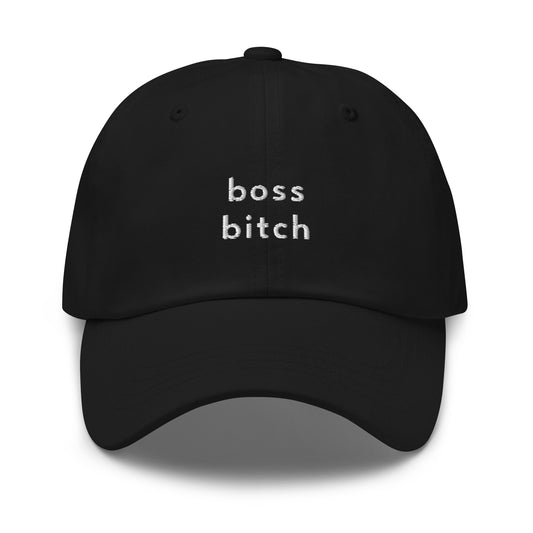 boss-bitch-classic-dad-cap in Black Classic dad cap with embroidered witty quote – Stay Witty classic baseball hat with adjustable strap and curved brim.