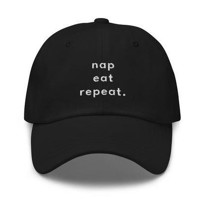 nap-eat-repeat-classic-dad-cap in  Classic dad cap with embroidered witty quote – Stay Witty classic baseball hat with adjustable strap and curved brim.