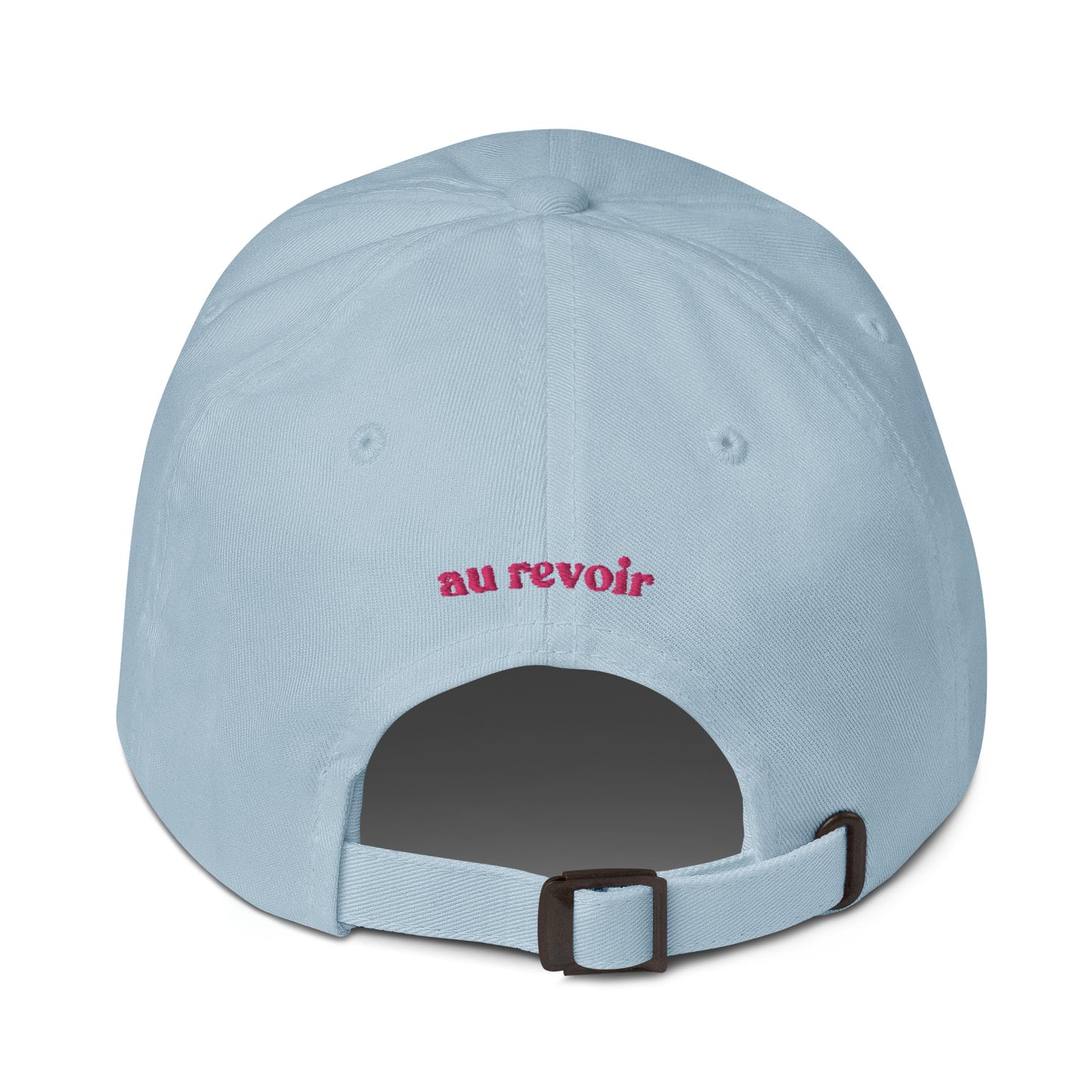 bonjour-au-revoir-classic-dad-cap in Cranberry Classic dad cap with embroidered witty quote – Stay Witty classic baseball hat with adjustable strap and curved brim.