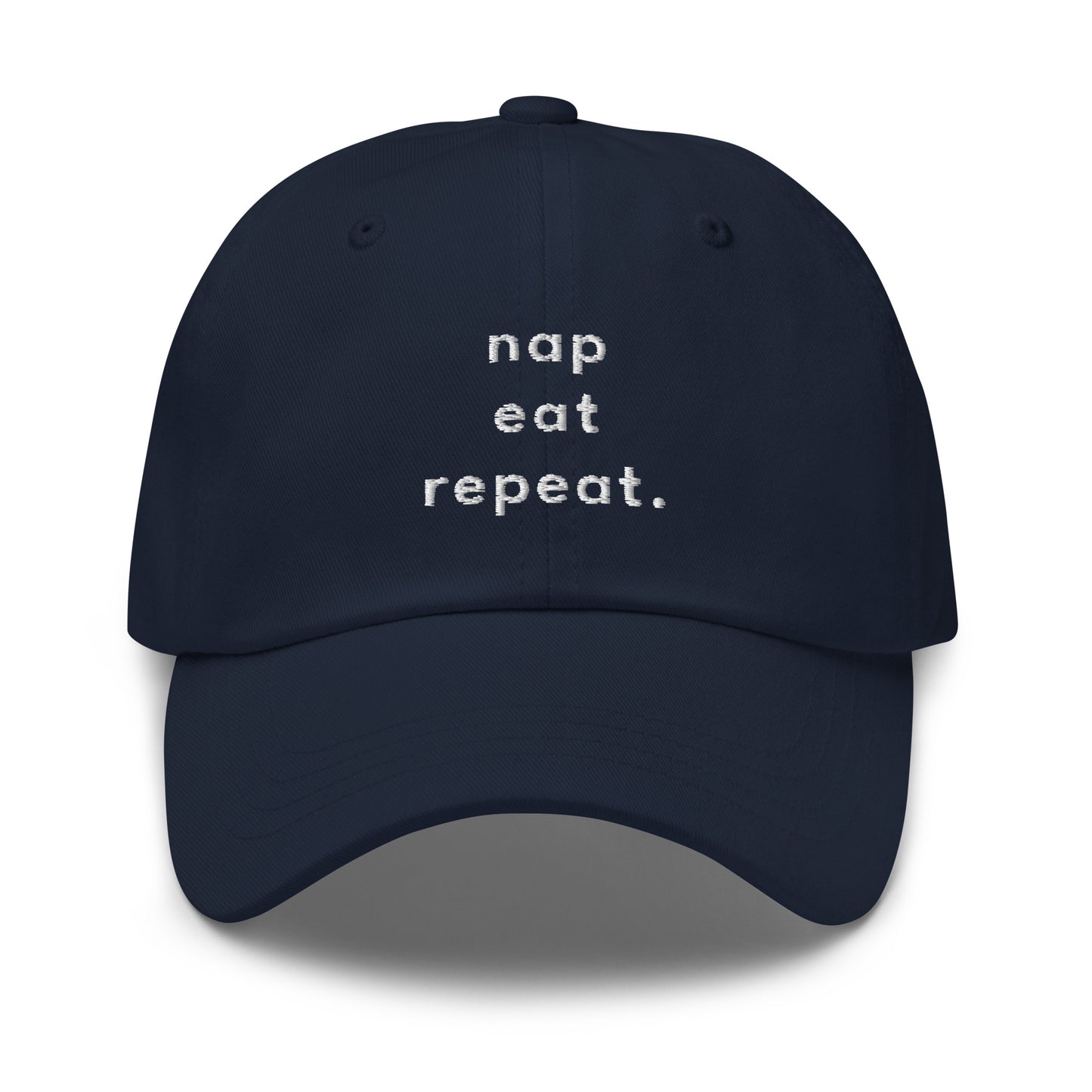 nap-eat-repeat-classic-dad-cap in Black Classic dad cap with embroidered witty quote – Stay Witty classic baseball hat with adjustable strap and curved brim.