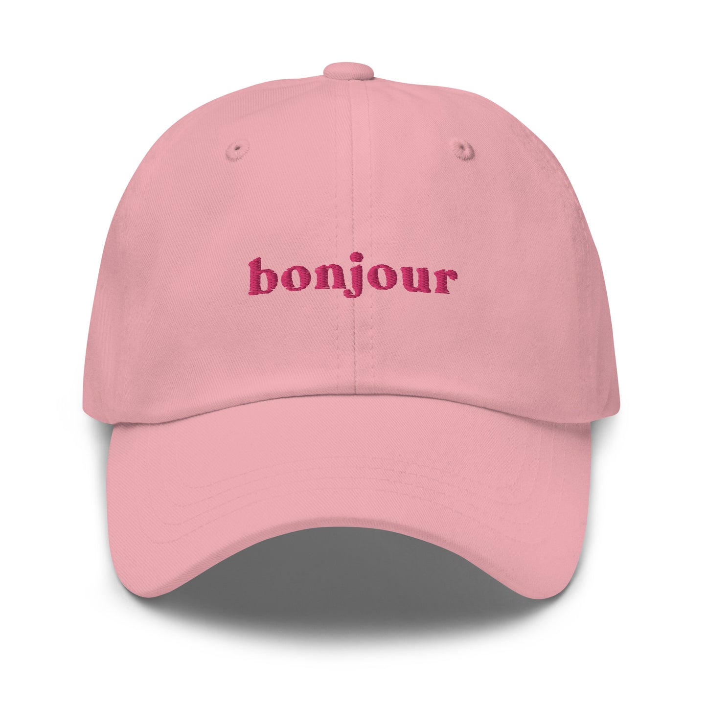 bonjour-au-revoir-classic-dad-cap in Light Blue Classic dad cap with embroidered witty quote – Stay Witty classic baseball hat with adjustable strap and curved brim.