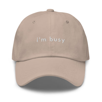 im-busy-classic-dad-cap in  Classic dad cap with embroidered witty quote – Stay Witty classic baseball hat with adjustable strap and curved brim.