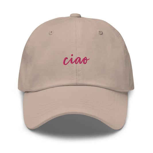 ciao-classic-dad-cap in Black Classic dad cap with embroidered witty quote – Stay Witty classic baseball hat with adjustable strap and curved brim.