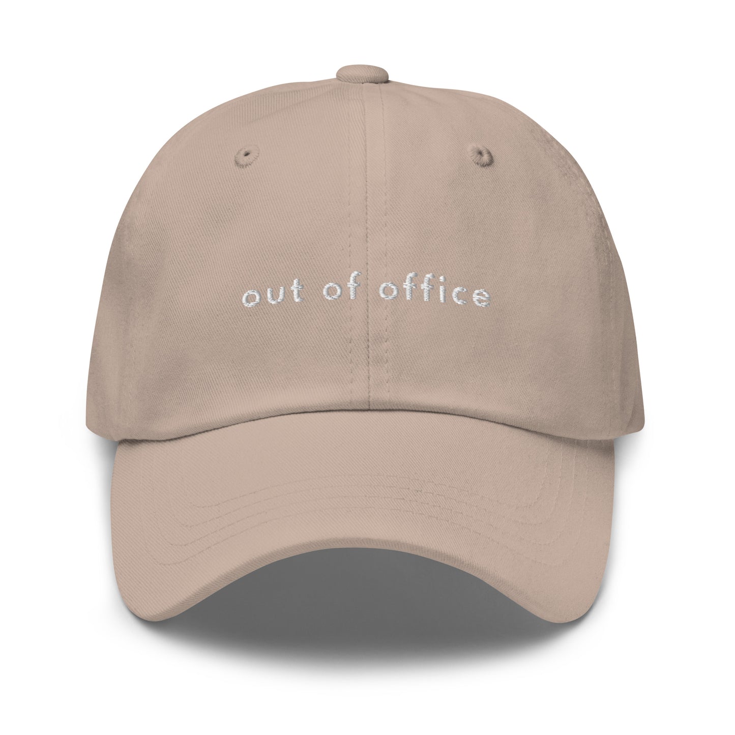 out-of-office-classic-dad-cap in White Classic dad cap with embroidered witty quote – Stay Witty classic baseball hat with adjustable strap and curved brim.