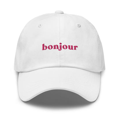 bonjour-au-revoir-classic-dad-cap in White Classic dad cap with embroidered witty quote – Stay Witty classic baseball hat with adjustable strap and curved brim.