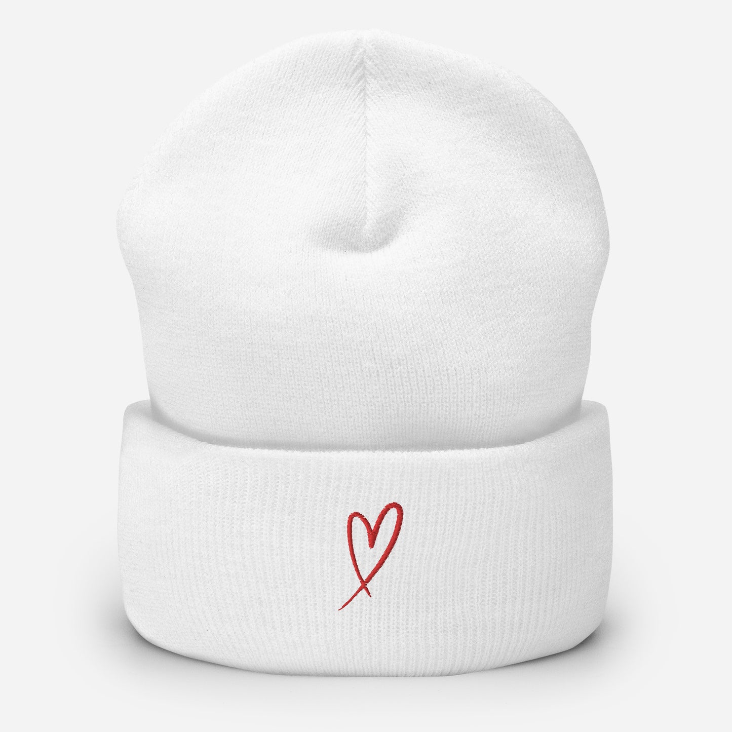 red-heart-cuffed-beanie in White Classic dad cap with embroidered witty quote – Stay Witty classic baseball hat with adjustable strap and curved brim.