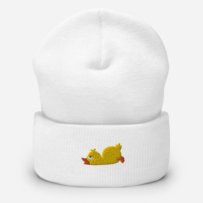 lazy-duck-cuffed-beanie in White Classic dad cap with embroidered witty quote – Stay Witty classic baseball hat with adjustable strap and curved brim.