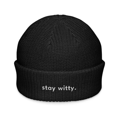 stay-witty-fisherman-beanie in Walnut Classic dad cap with embroidered witty quote – Stay Witty classic baseball hat with adjustable strap and curved brim.