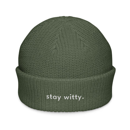 stay-witty-fisherman-beanie in Black Classic dad cap with embroidered witty quote – Stay Witty classic baseball hat with adjustable strap and curved brim.