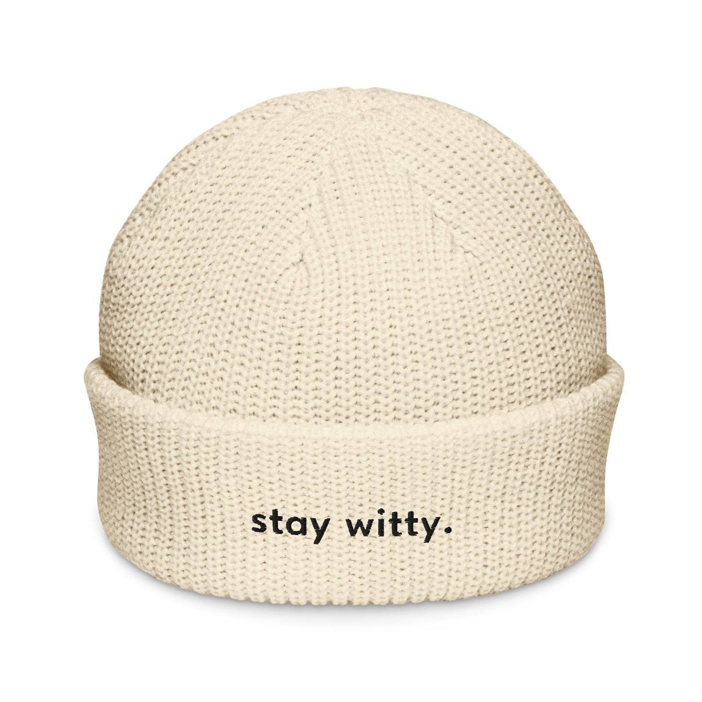 stay-witty-fisherman-beanie in Gold Classic dad cap with embroidered witty quote – Stay Witty classic baseball hat with adjustable strap and curved brim.