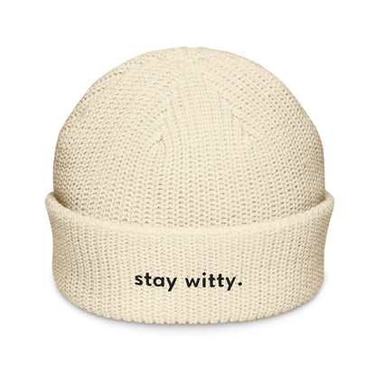 stay-witty-fisherman-beanie in Gold Classic dad cap with embroidered witty quote – Stay Witty classic baseball hat with adjustable strap and curved brim.