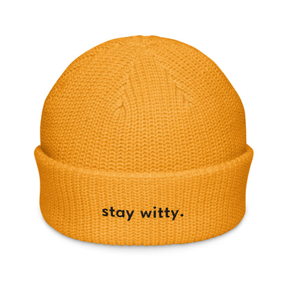 stay-witty-fisherman-beanie in Ecru Classic dad cap with embroidered witty quote – Stay Witty classic baseball hat with adjustable strap and curved brim.