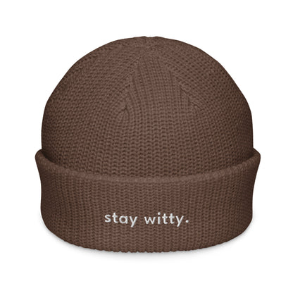 stay-witty-fisherman-beanie in Red Classic dad cap with embroidered witty quote – Stay Witty classic baseball hat with adjustable strap and curved brim.