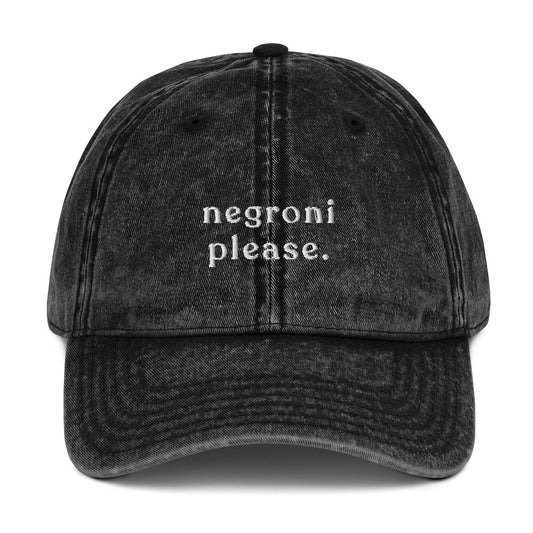 negroni-please-vintage-dad-cap in Black Classic dad cap with embroidered witty quote – Stay Witty classic baseball hat with adjustable strap and curved brim.