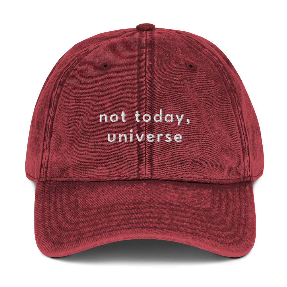 not-today-universe-vintage-dad-cap-1 in  Classic dad cap with embroidered witty quote – Stay Witty classic baseball hat with adjustable strap and curved brim.