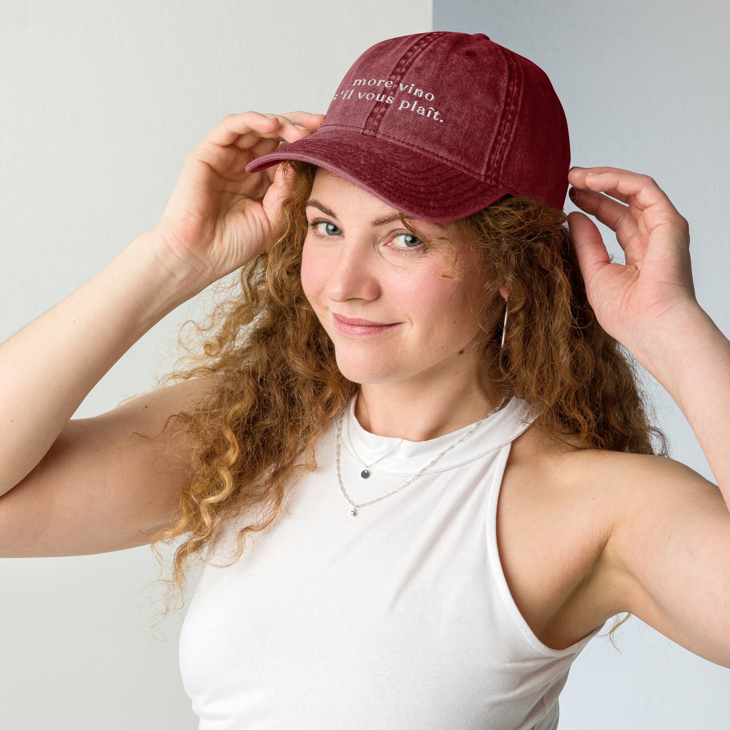 more-vino-svp-vintage-dad-cap in  Classic dad cap with embroidered witty quote – Stay Witty classic baseball hat with adjustable strap and curved brim.