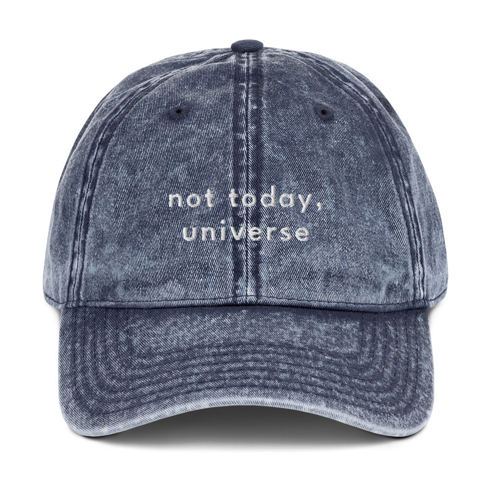 not-today-universe-vintage-dad-cap-1 in Black Classic dad cap with embroidered witty quote – Stay Witty classic baseball hat with adjustable strap and curved brim.