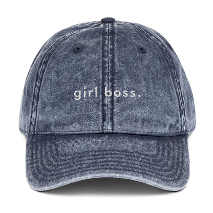 girl-boss-vintage-dad-cap-1 in  Classic dad cap with embroidered witty quote – Stay Witty classic baseball hat with adjustable strap and curved brim.