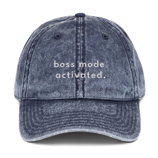 boss-mode-activated-vintage-dad-cap in Black Classic dad cap with embroidered witty quote – Stay Witty classic baseball hat with adjustable strap and curved brim.