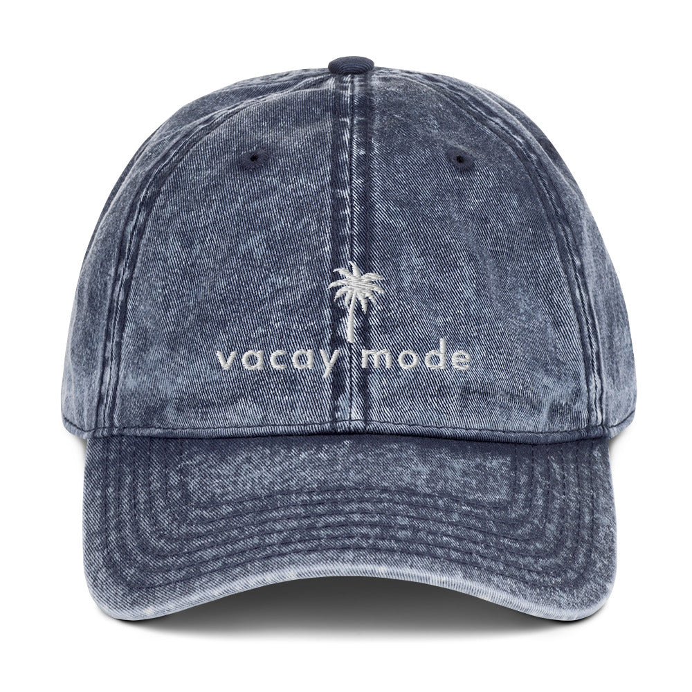 vacay-mode-vintage-dad-cap in Black Classic dad cap with embroidered witty quote – Stay Witty classic baseball hat with adjustable strap and curved brim.